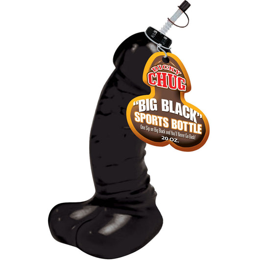 A 20 ounce black water bottle designed to resemble a male genitalia, with a label and sealable straw.