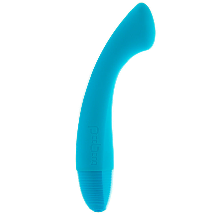 A blue, curved silicone vibrator designed for G-spot stimulation with a flattened tip.