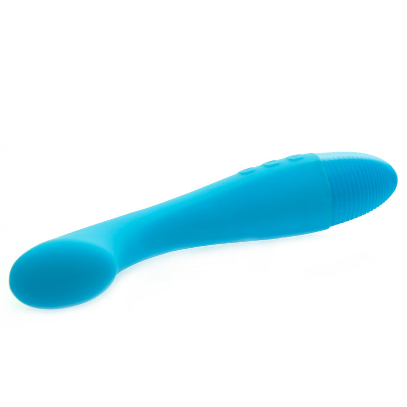 A blue, curved silicone vibrator designed for G-spot stimulation with a flattened tip.