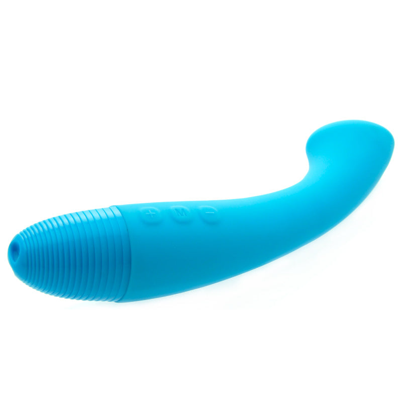 A blue, curved silicone vibrator designed for G-spot stimulation with a flattened tip.