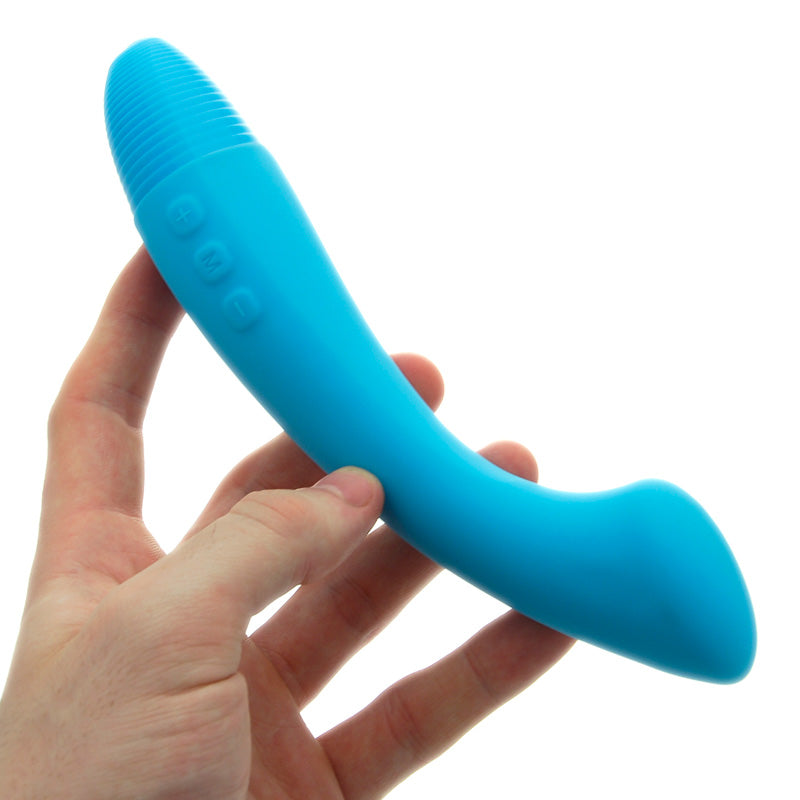 A blue, curved silicone vibrator designed for G-spot stimulation with a flattened tip.