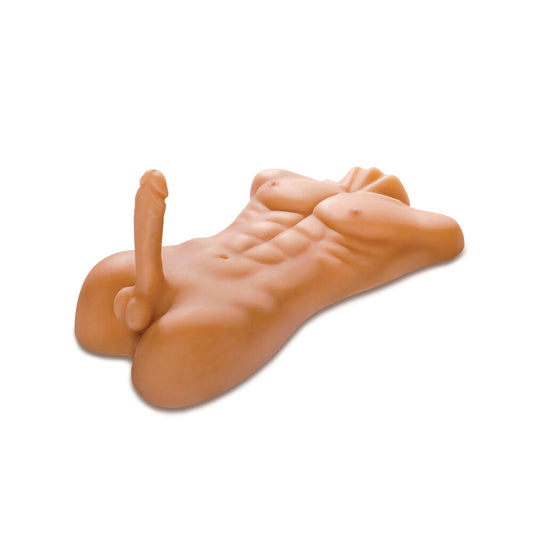A realistic flesh-pink mega masturbator designed to resemble a male body with detailed abs, waistline, and a large penis.