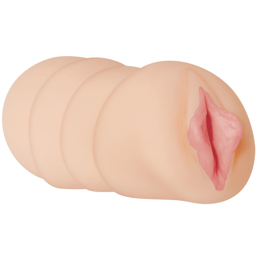Realistic silicone model of a female reproductive organ on a white background