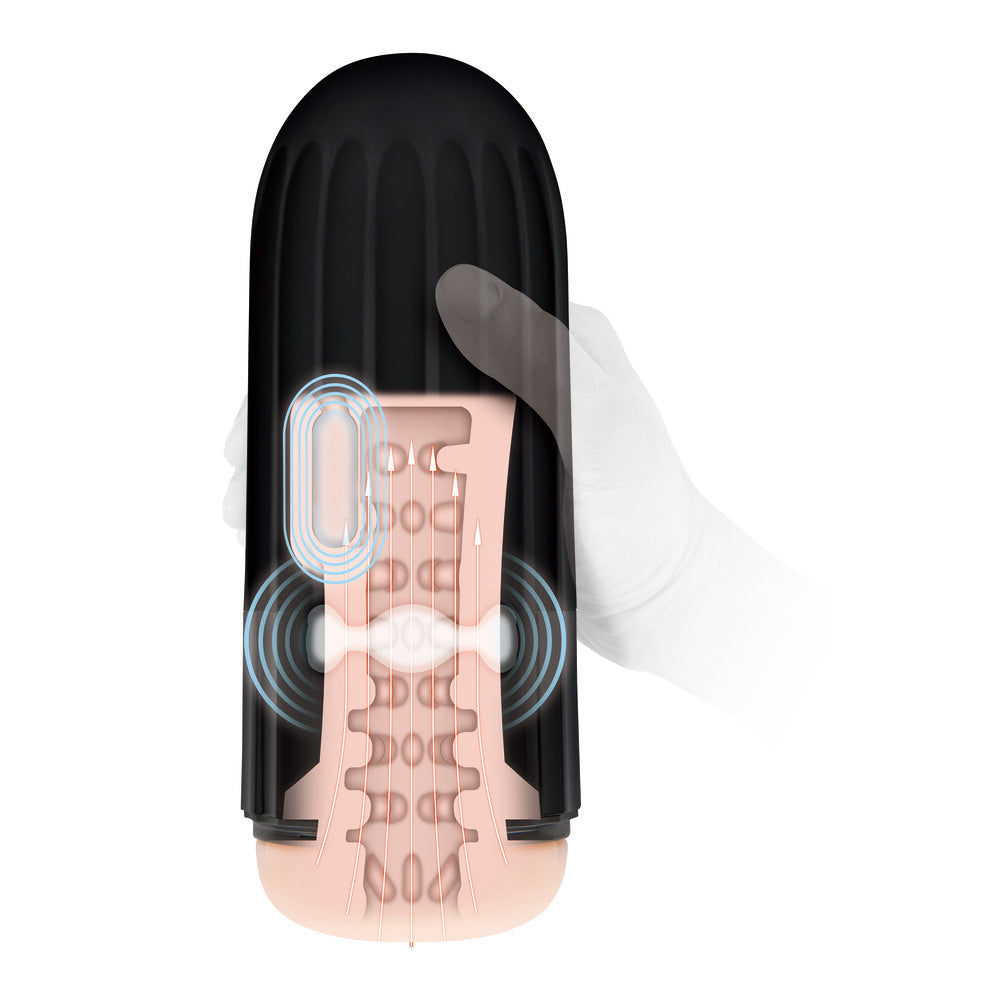 A flesh-colored masturbator with a multi-ribbed sleeve, manual pressure trigger, and a black case. It also shows the internal structure with various textures for enhanced stimulation.