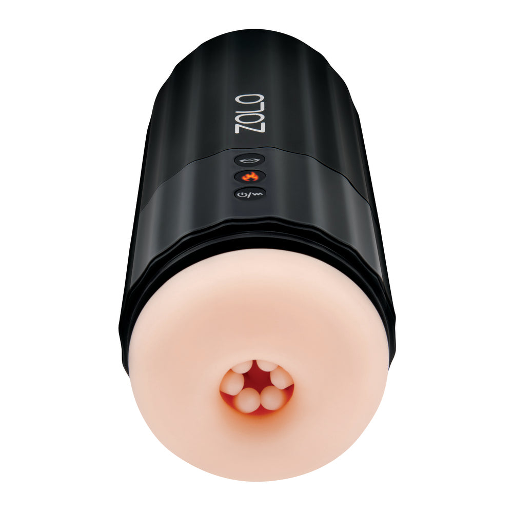 Black cylindrical device with a pink circular component on a white background.