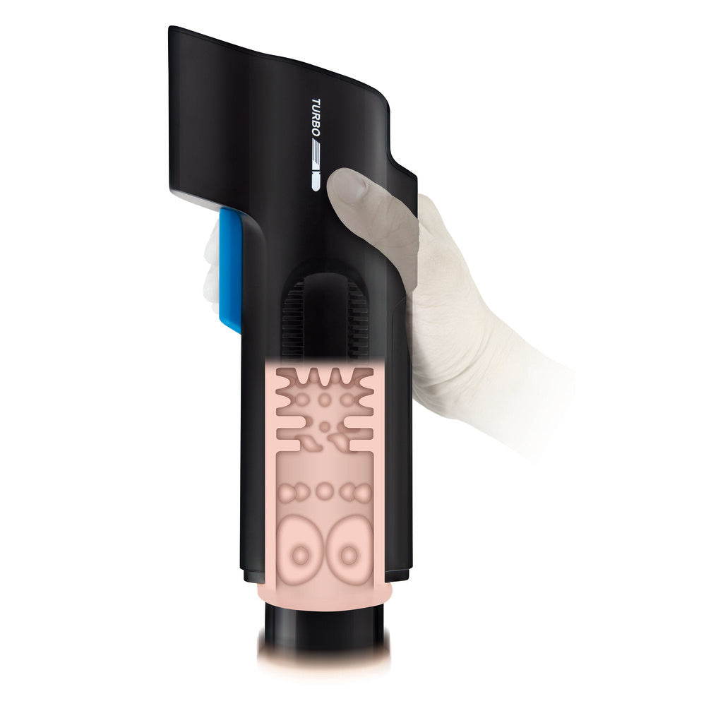 Black and pink handheld device held by a hand.