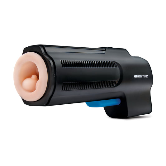 A black handheld masturbator with a flesh-colored entry sleeve, featuring a trigger control and a blue accent on the handle.