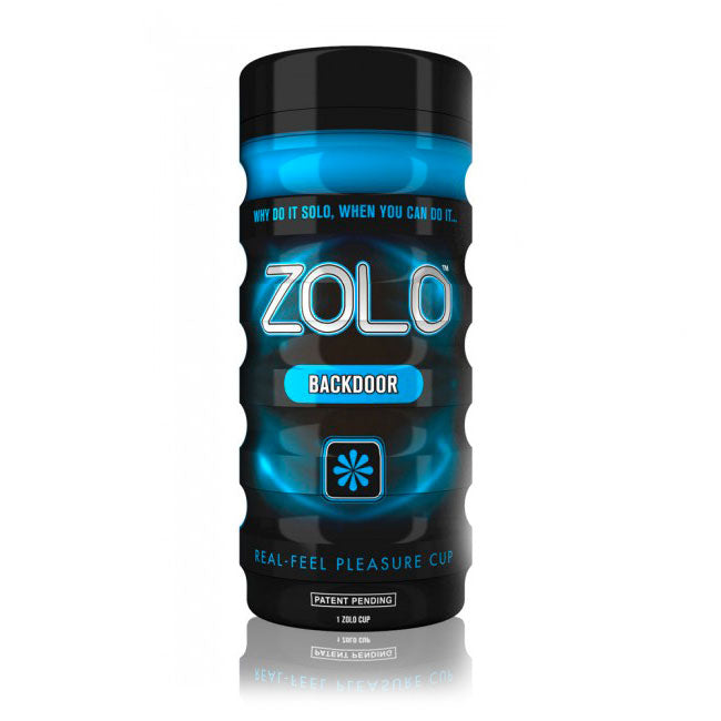 A cylindrical container with a blue and black design, prominently displaying the Zolo brand logo and the product name 'Back Door'. The container is transparent, revealing a white, realistic material interior.