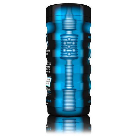 Blue and black cylindrical container with textured design on a white background