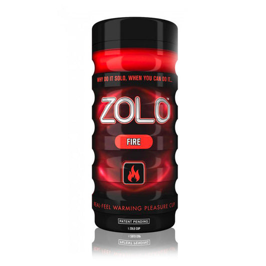 A red and black Zolo Fire Masturbator Cup with a flame design, indicating a warming effect.