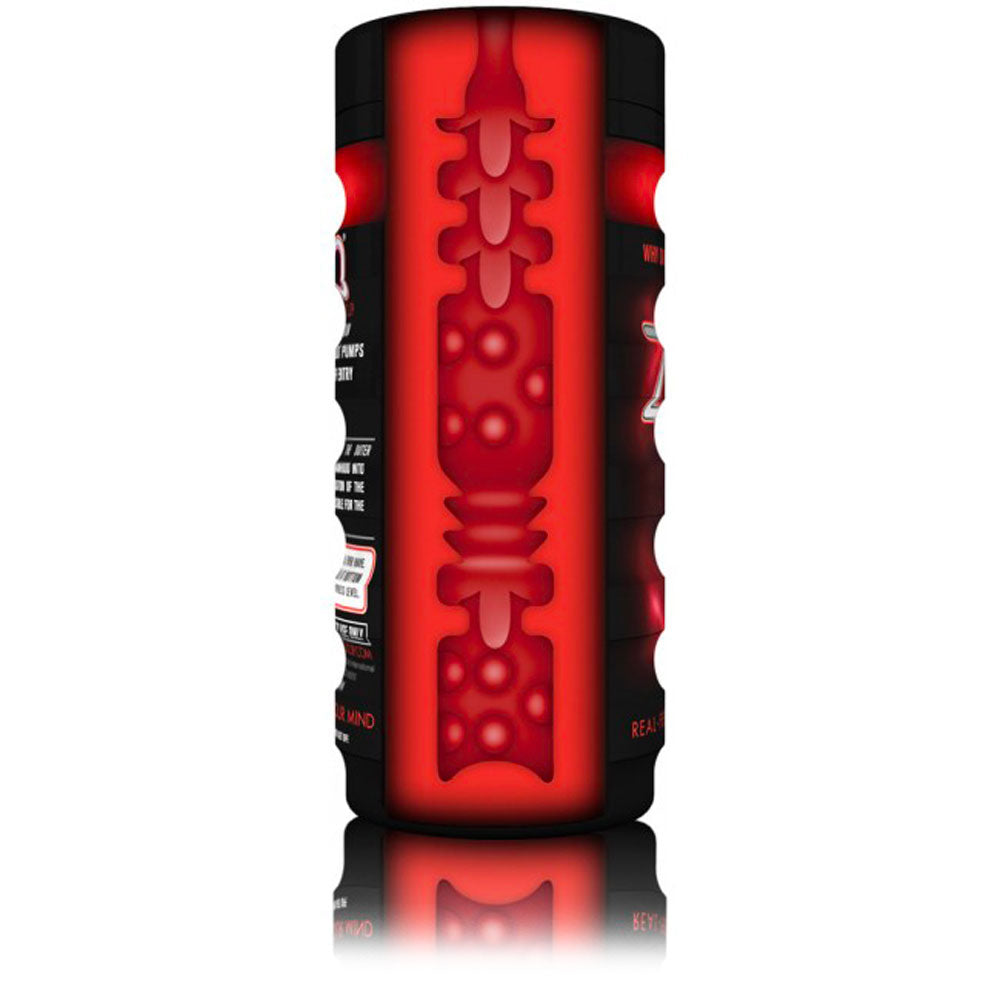 Red and black energy drink can on a white background