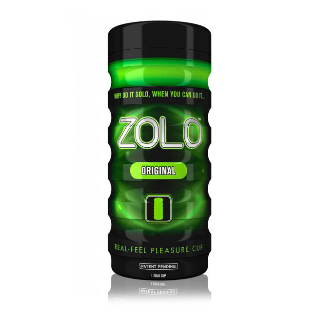 A black and green Zolo Original Masturbator Cup with clear, stretchy material. The packaging highlights its ergonomic design and real-feel pleasure features.