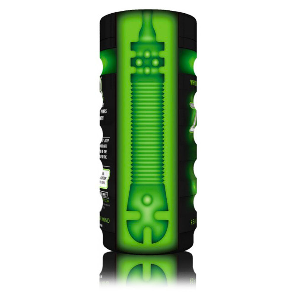 A black and green Zolo Original Masturbator Cup with clear, stretchy material. The packaging highlights its ergonomic design and real-feel pleasure features.