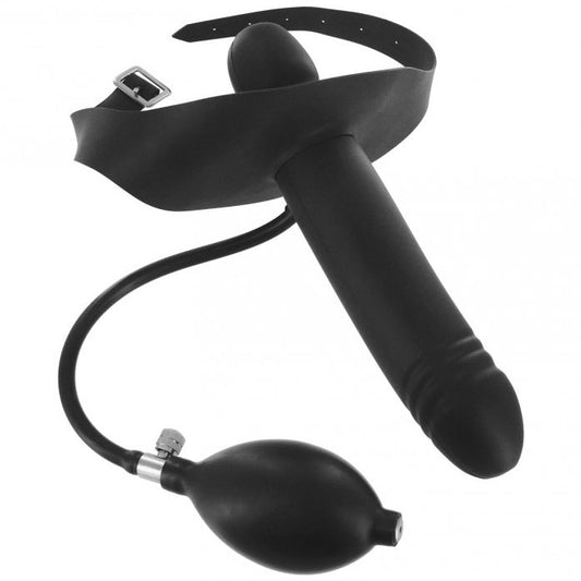 Black inflatable device with a pump on a white background