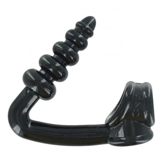 Black plastic hook with a serrated end on a white background