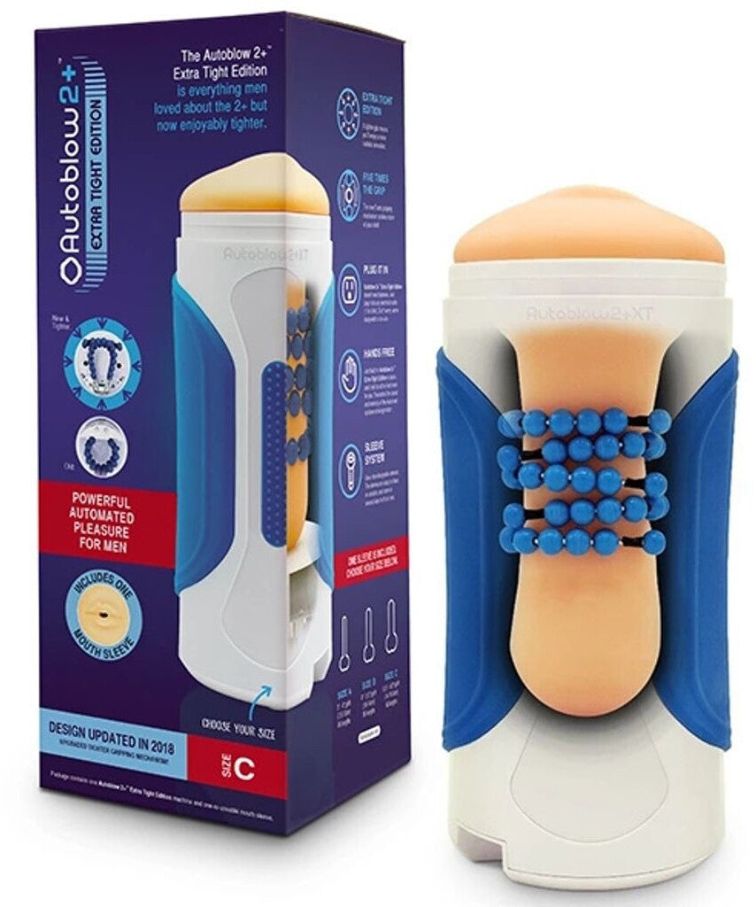 Sexual product with blue and white design next to its packaging on a white background