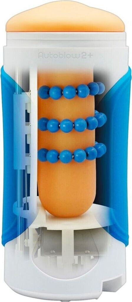 Product with blue beads on an orange cylindrical object, enclosed in a white and blue holder.
