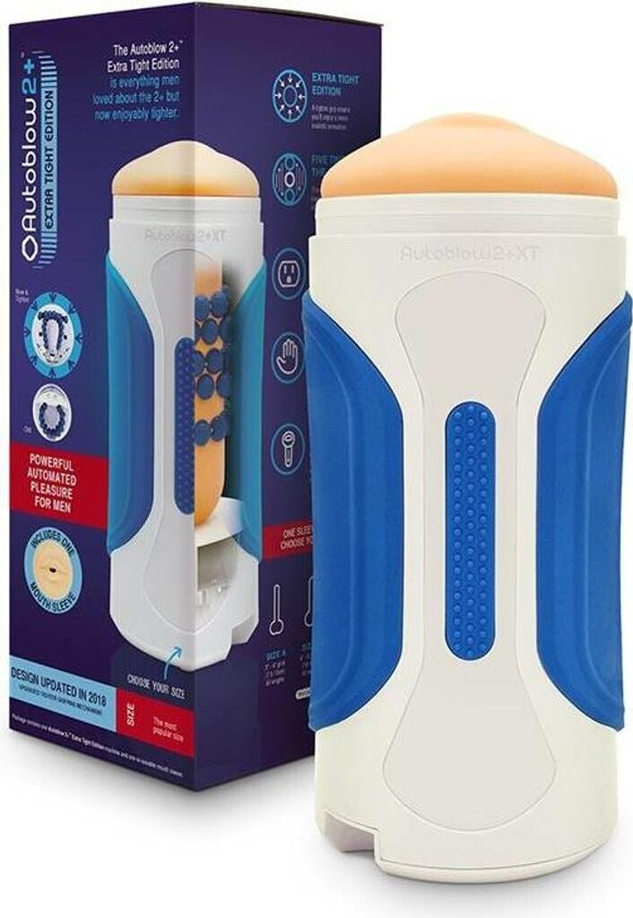 White and blue device with packaging on a white background