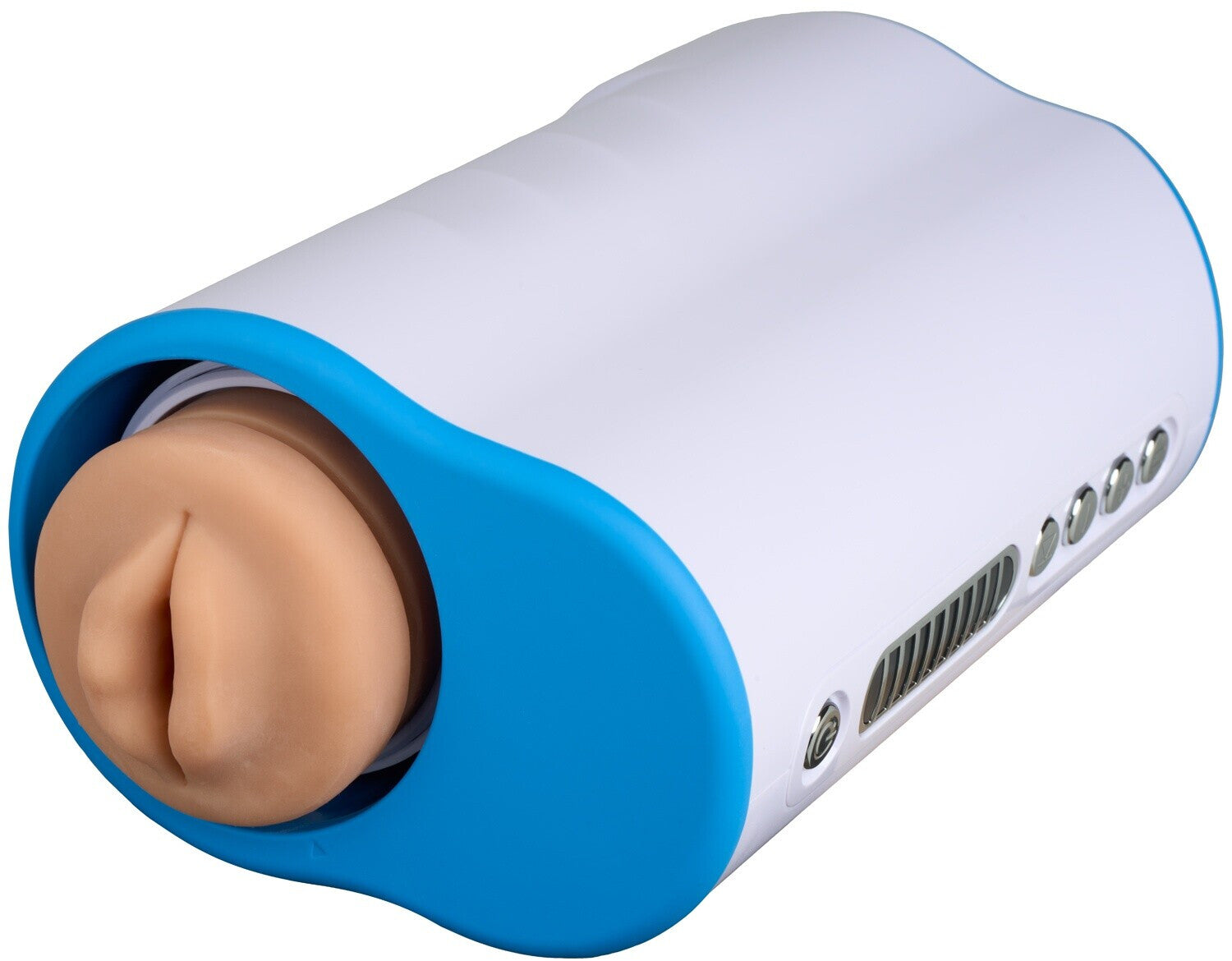 White electronic device with a blue rim containing a beige object on a white background