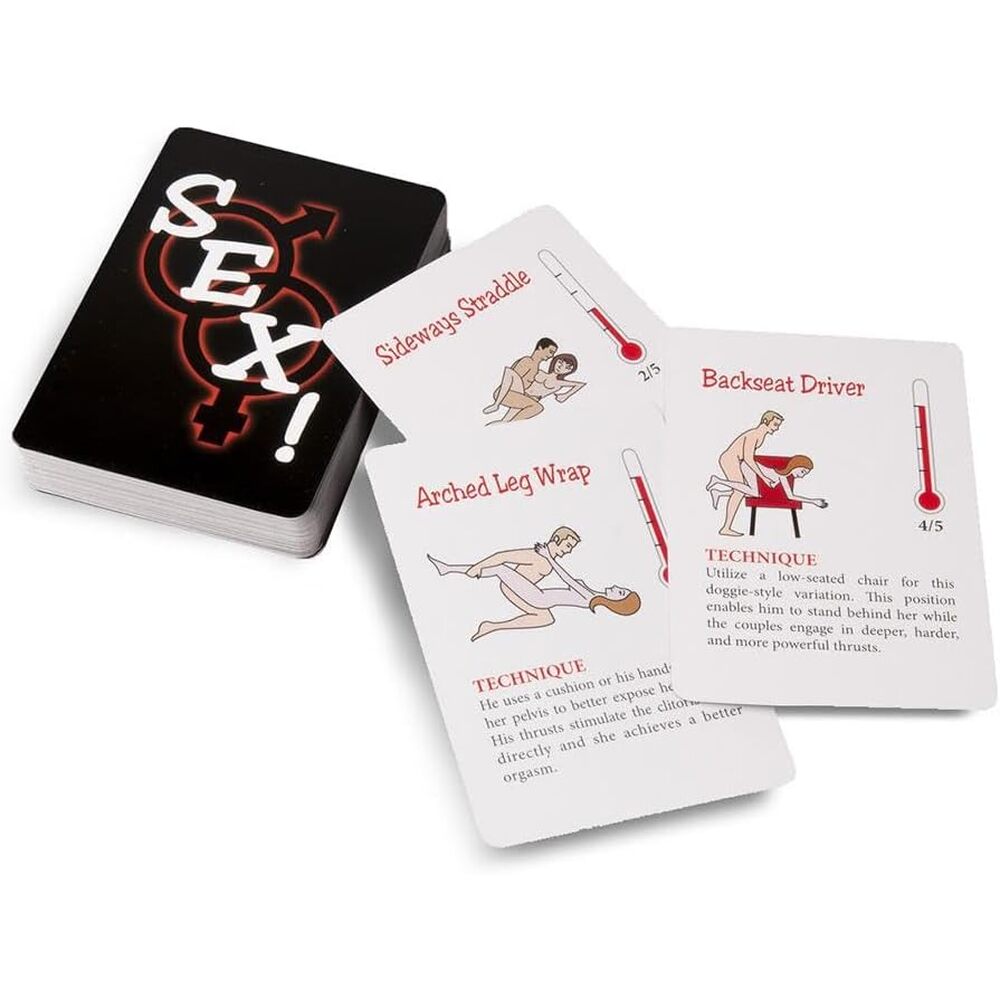 The image shows a card game box titled "A Year of SEX!" along with a few cards displayed in front of the box. The cards depict different sexual positions with illustrations and names like "Arched Leg Wrap" and "Joy Ride.