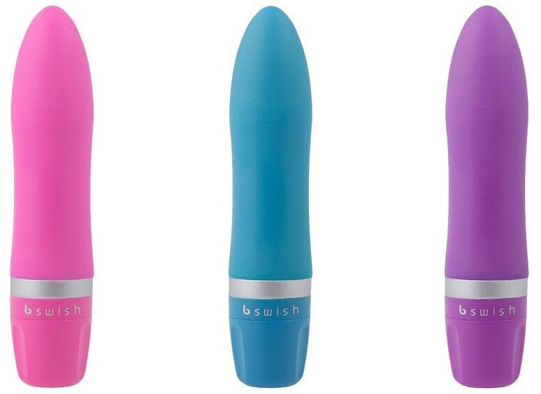 Three colorful vibrators with 'bswish' branding on a white background