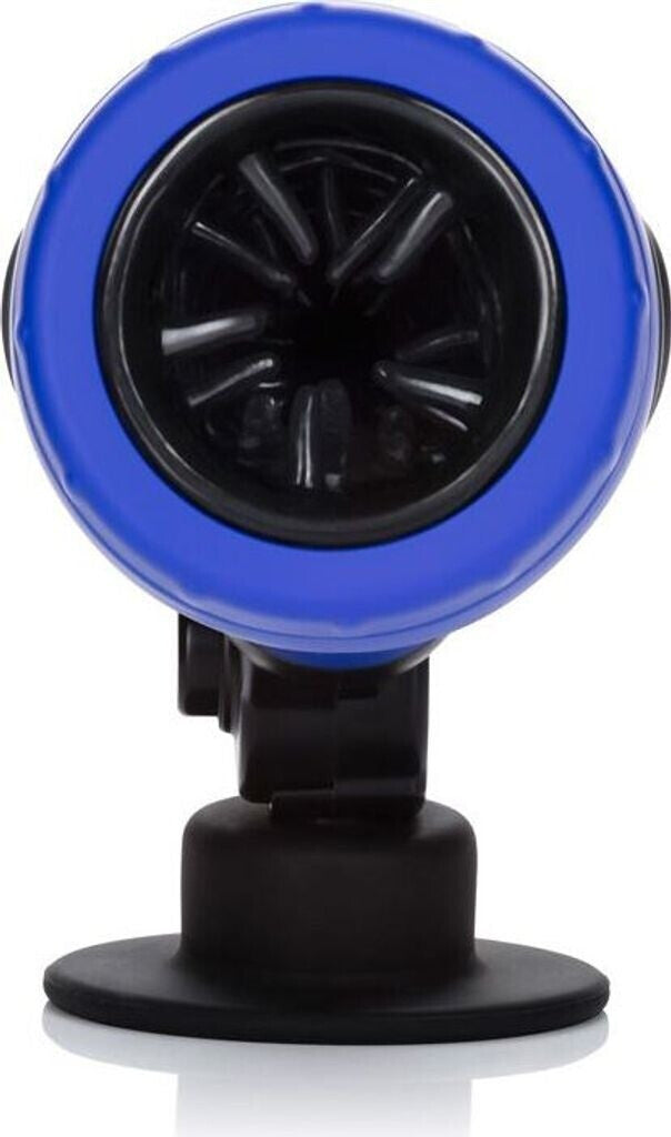 Blue and black car air freshener with a suction cup on a white background