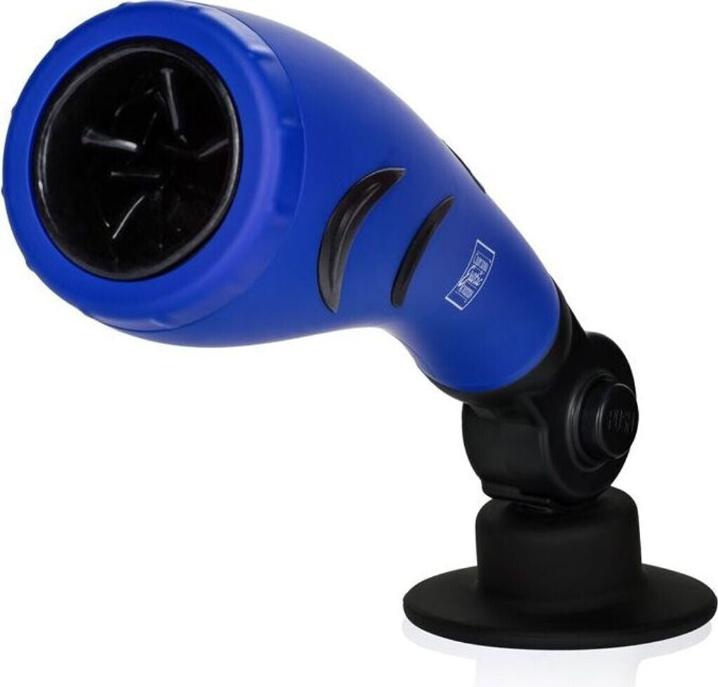 Blue and black car air vent with a suction cup on a white background