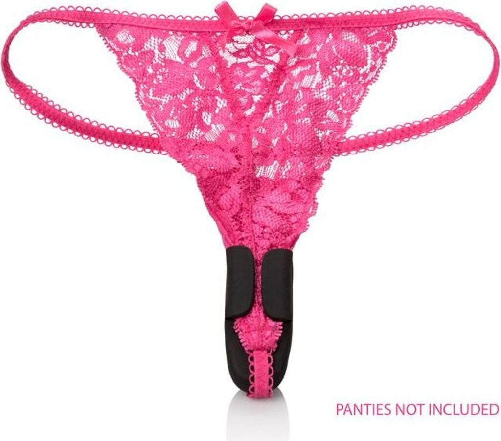 Pink lace thong with black garters on a white background