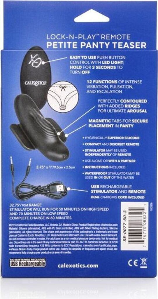 Back packaging of a Lock-N-Play Remote Petite Panty Teaser with product details on a blue background.