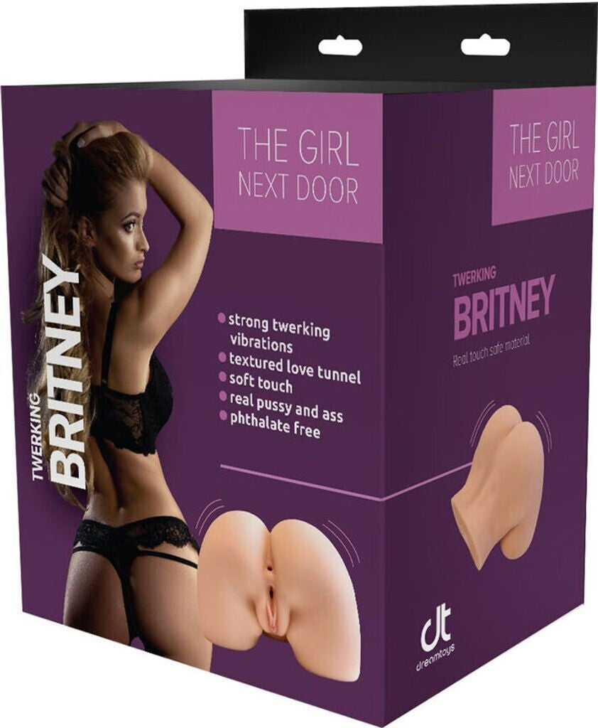 Product packaging for 'Twerking Britney' with a model and product images on a purple background.