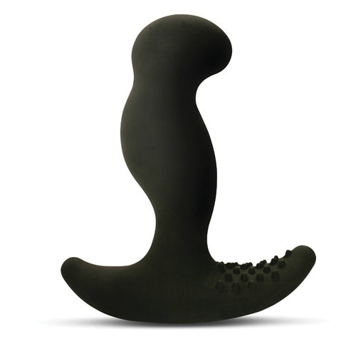 Black dog toy with a textured end on a white background