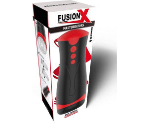 Black and red masturbation device with packaging labeled 'Fusion X' on a white background