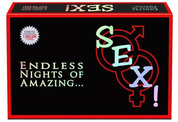 Product packaging with 'SEX' and 'Endless Nights of Amazing' text on a black background.