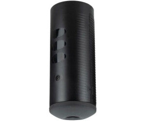 Black cylindrical object with textured surface on a white background