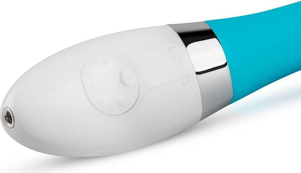 Close-up of a white and blue handheld device on a white background