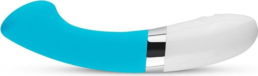 White and blue curved object with metallic accent on a white background