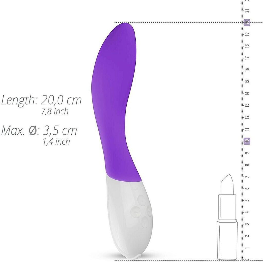 Purple and white device with measurement details on a white background