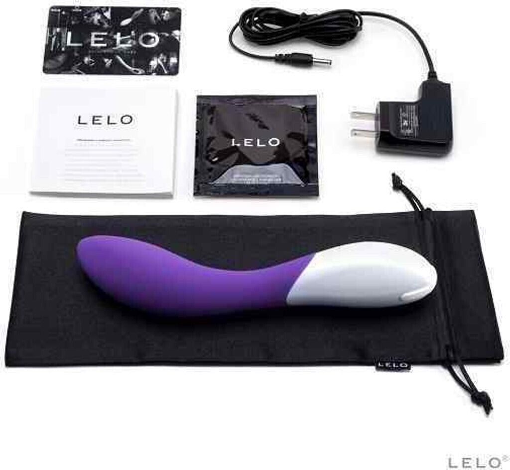 LELO product set with purple and white device, power adapter, and packaging on a white background