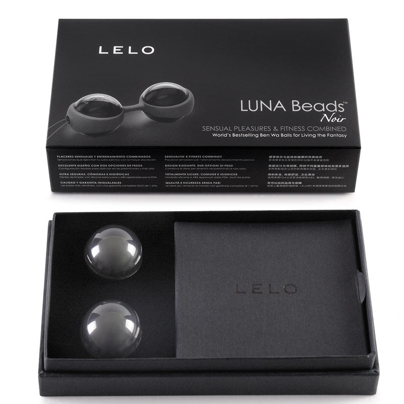 LELO Luna Beads Noir packaging with two black beads inside a black box.