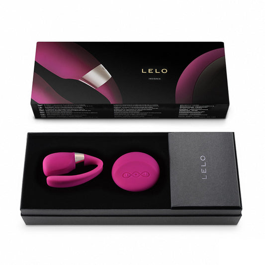 Pink electronic device with black box featuring 'LELO' branding on a white background