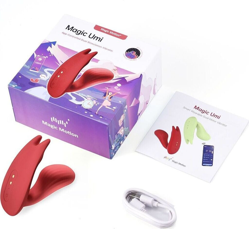 Red silicone product with packaging and manual on a white background