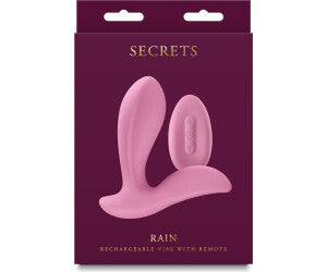 Pink silicone product with 'Secrets' branding on a purple packaging background
