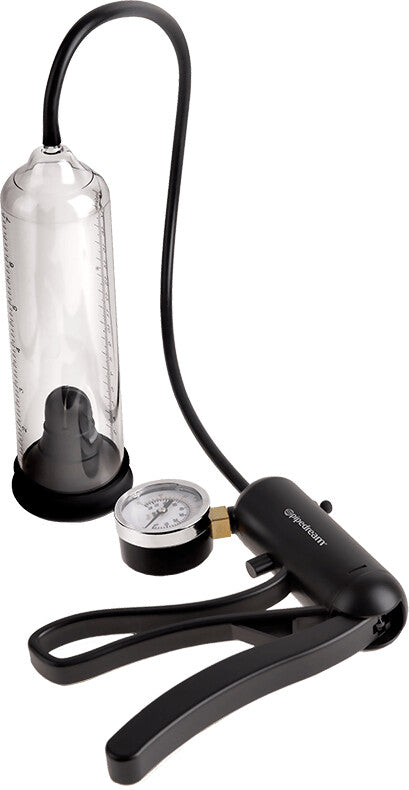 Black bicycle pump with clear reservoir and pressure gauge on a white background