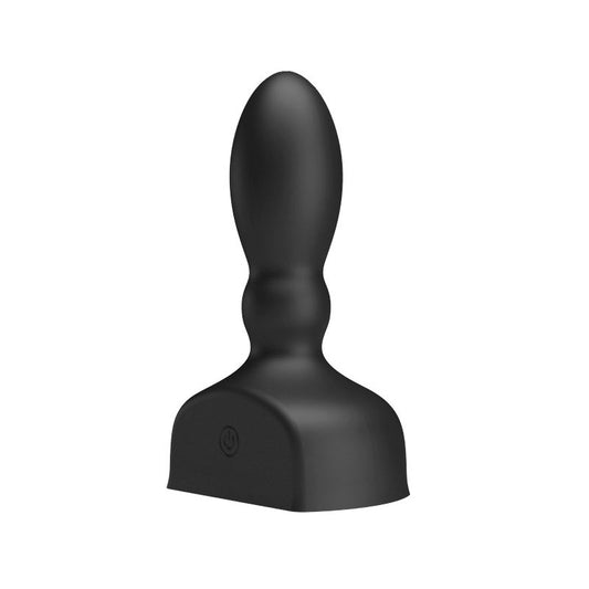 Black silicone butt plug on a white background