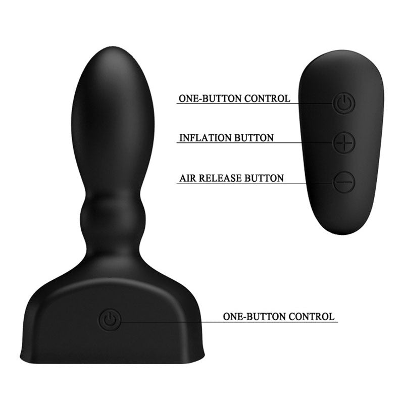 Black inflatable product with control buttons labeled on a white background