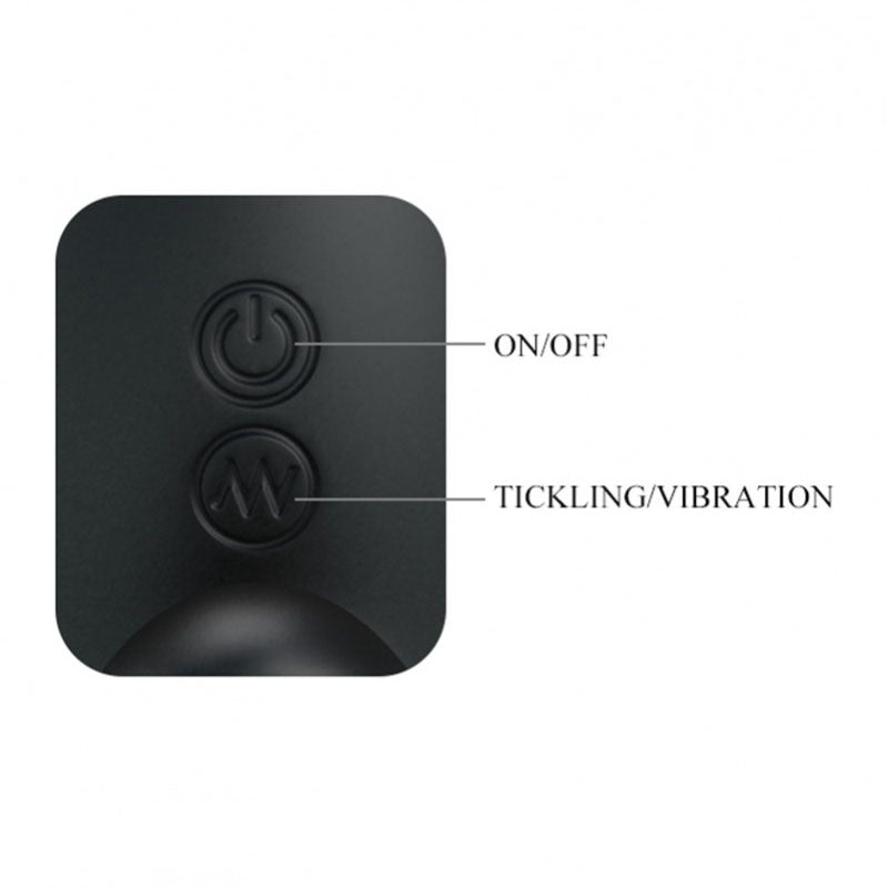 Black square device with on/off and tickling/vibration buttons on a white background