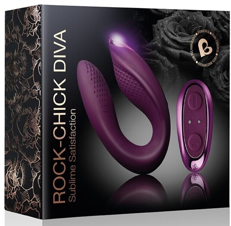 Product packaging for 'Rock-Chick Diva' with a purple device and remote control on a black background.