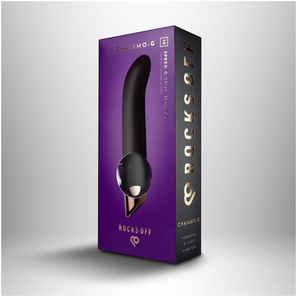 Purple packaging box with a black device inside, featuring the brand 'Rocks Off'.