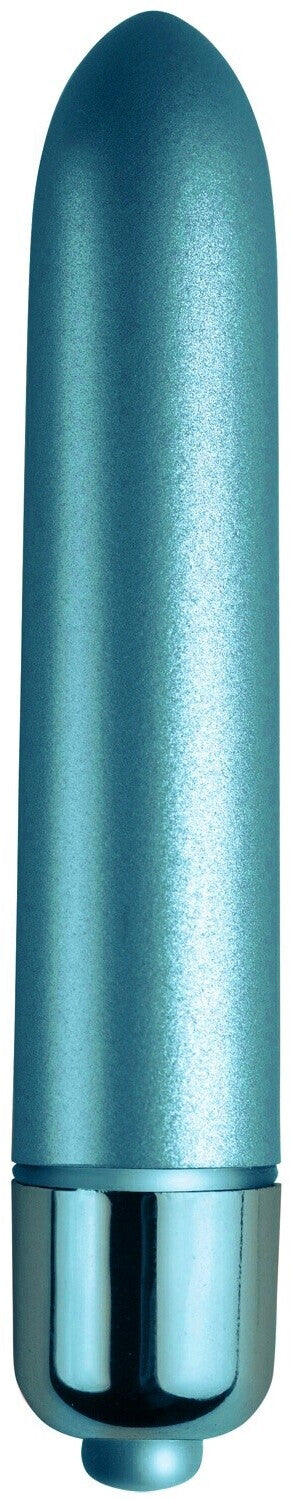 Blue cylindrical object with metallic top on a white background