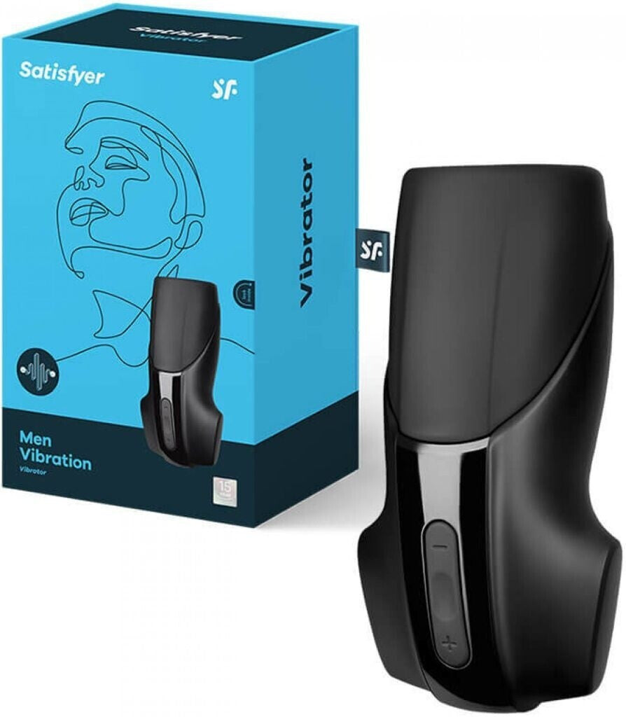 Black men's vibration product with blue packaging featuring Satisfyer branding on a white background.